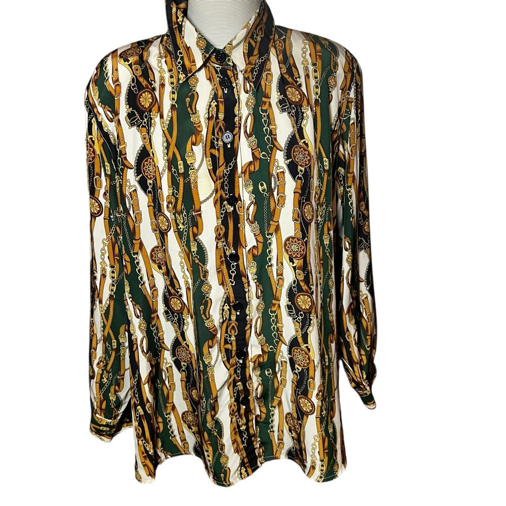 Vintage gold  Chain print equestrian women's blouse Elisabeth Liz Claiborne  18P